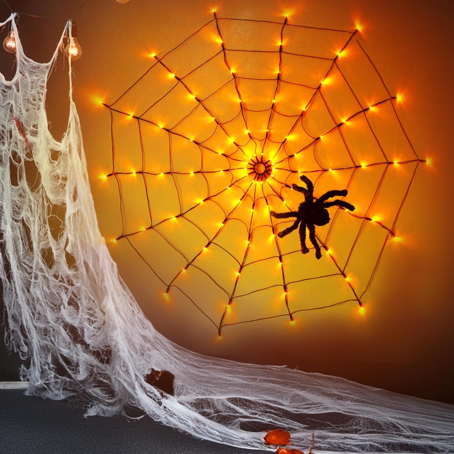 Orange & Purple EAMBRITE Halloween Spider Web Lights with 84LED Orange/Purple Lights, Light up Cobweb with Black Spider, Halloween Decorations for Room Proch Window Garden Indoor and Outdoor